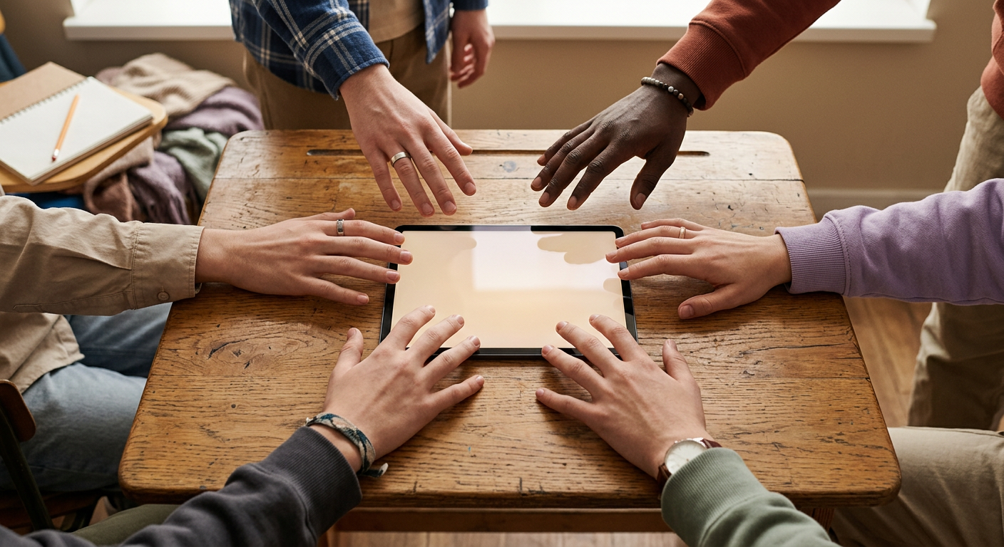 Several students' hands reaching toward a shared tablet on a wooden school desk